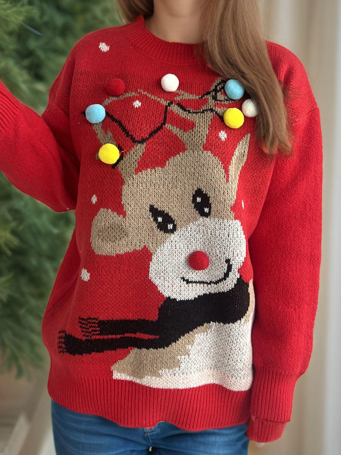 Reindeer Round Neck Long Sleeve Sweater - Clothes For Her Online Store