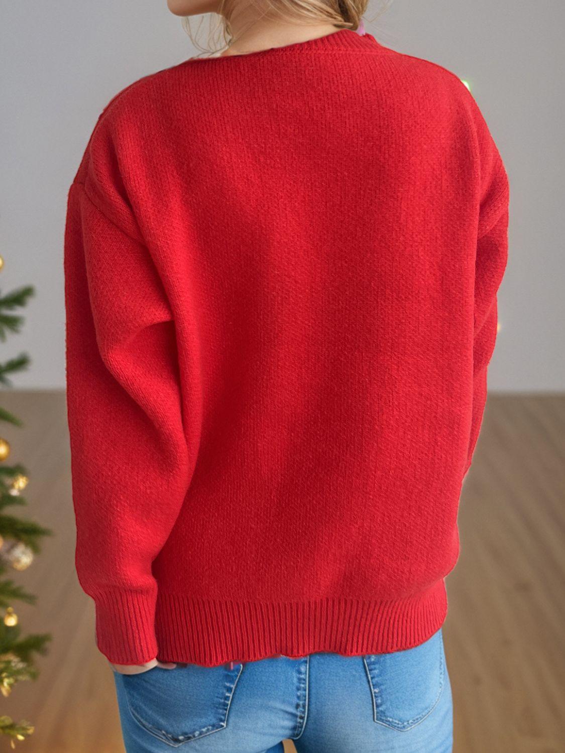 Reindeer Round Neck Long Sleeve Sweater - Clothes For Her Online Store