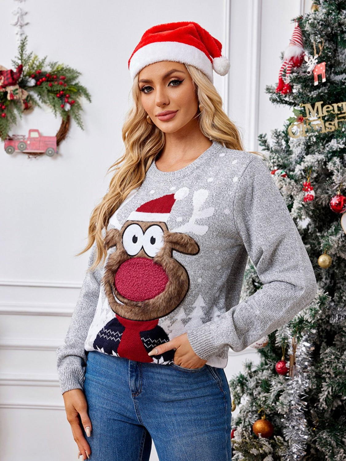 Reindeer Round Neck Long Sleeve Sweater - Clothes For Her Online Store