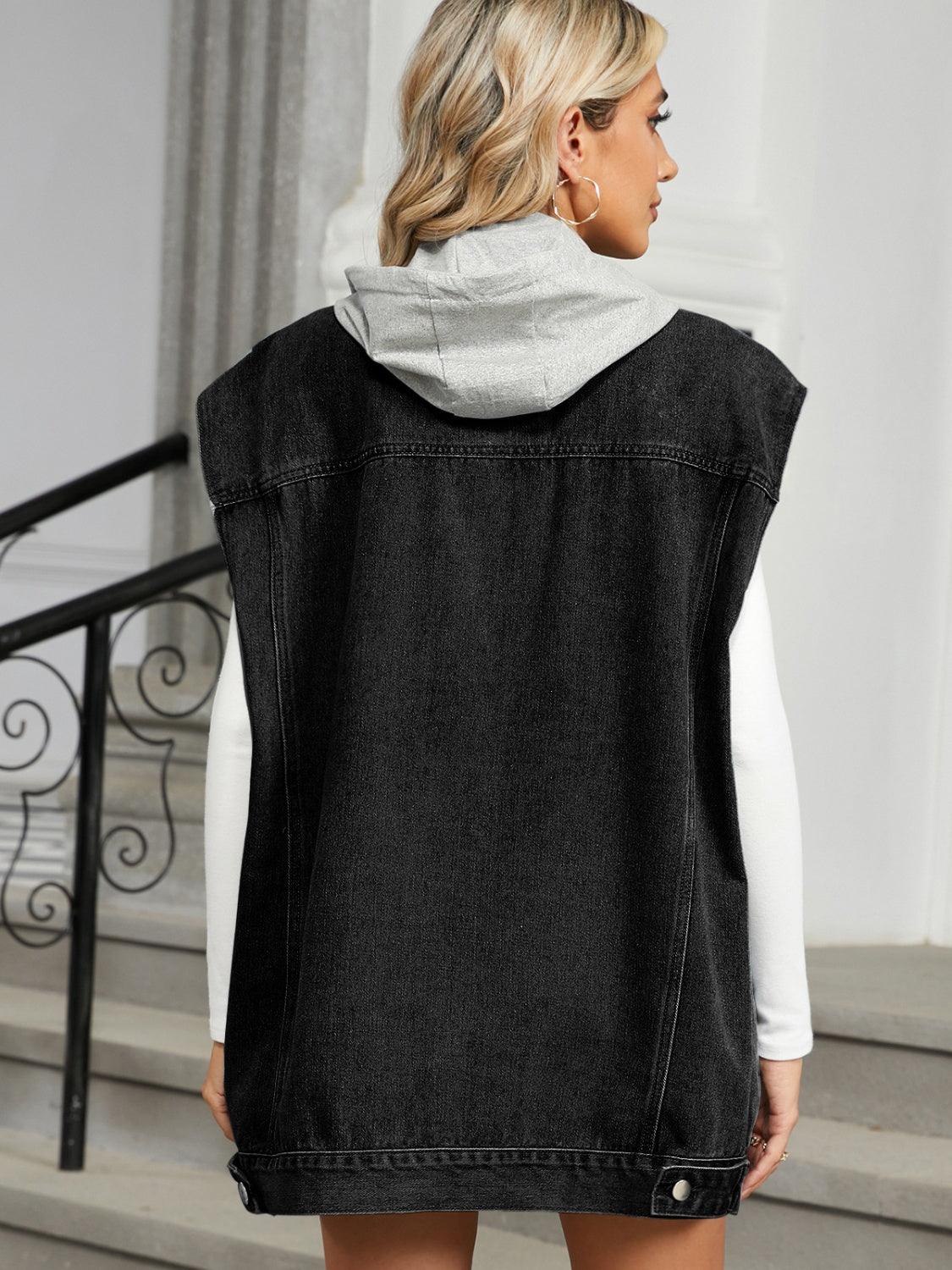 Removable Hood Button Up Cap Sleeve Denim Jacket - Clothes For Her Online Store