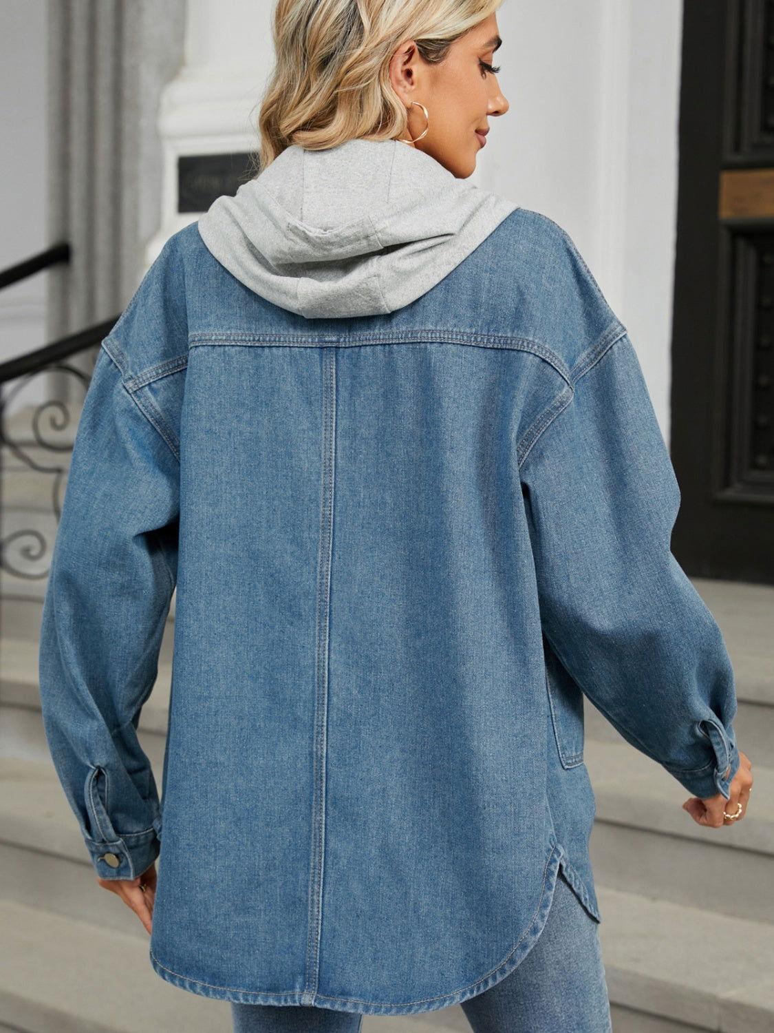 Removable Hood Button Up Long Sleeve Denim Jacket - Clothes For Her Online Store