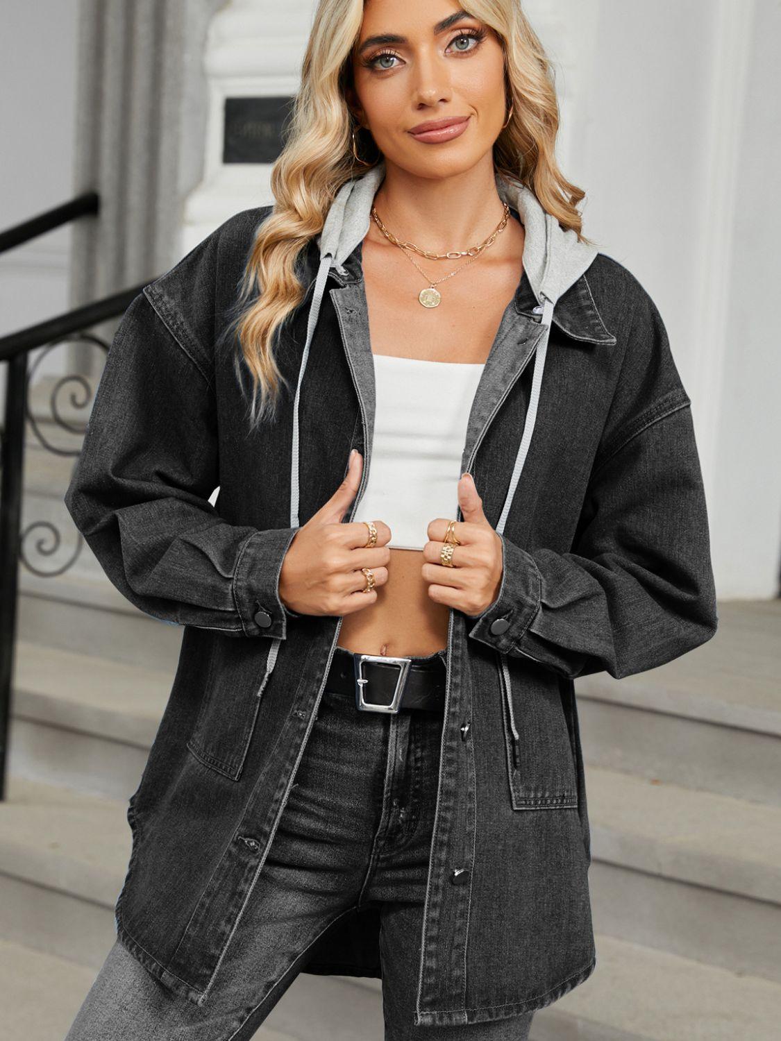 Removable Hood Button Up Long Sleeve Denim Jacket - Clothes For Her Online Store