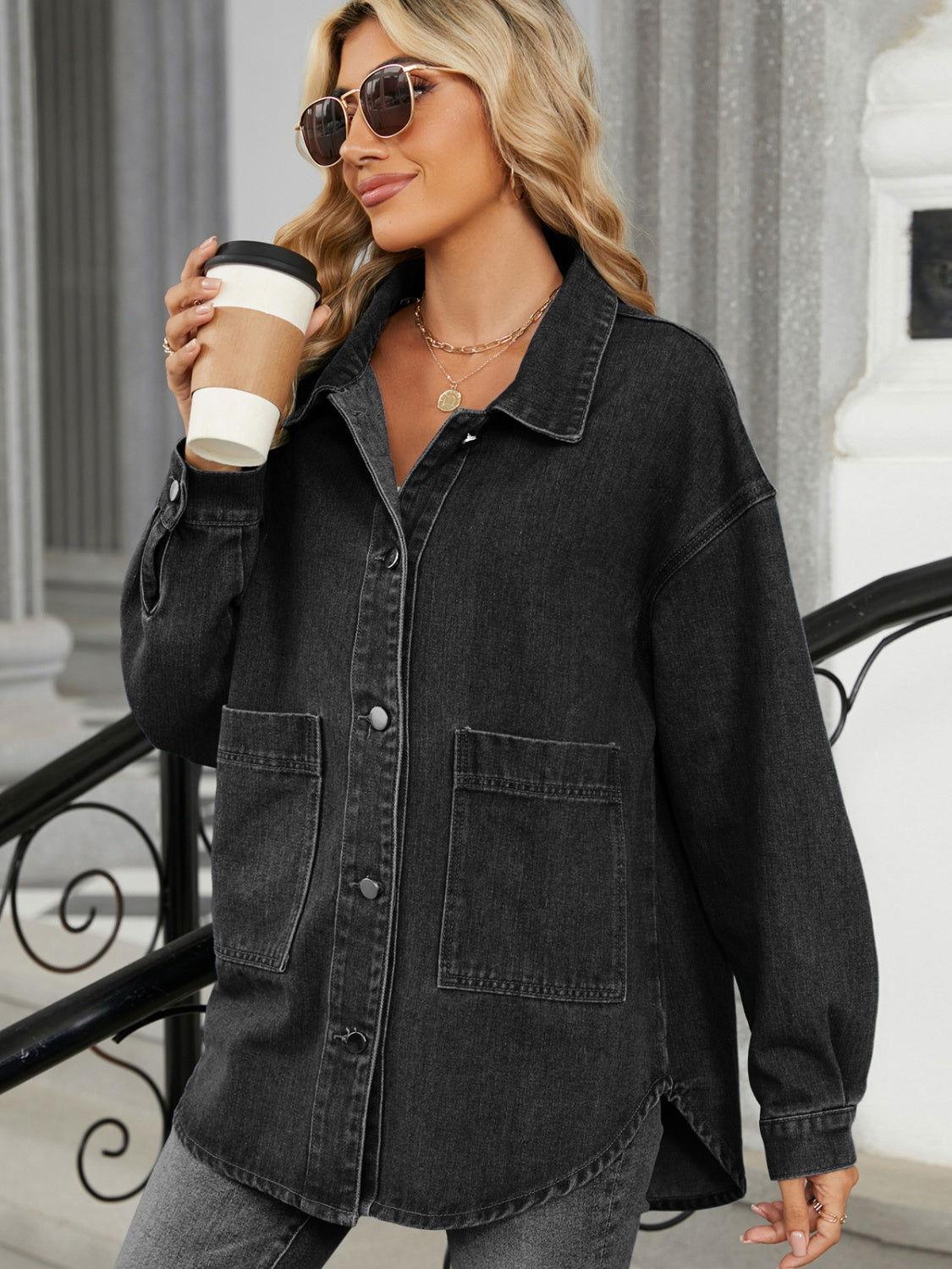 Removable Hood Button Up Long Sleeve Denim Jacket - Clothes For Her Online Store