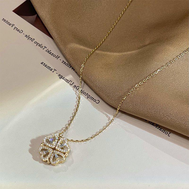Retro Magnetic Folding Heart Shaped Four Leaf Clover Pendant Necklace Women Love Clavicle Chain Gifts Openable Choker Jewelry - Clothes For Her Online Store