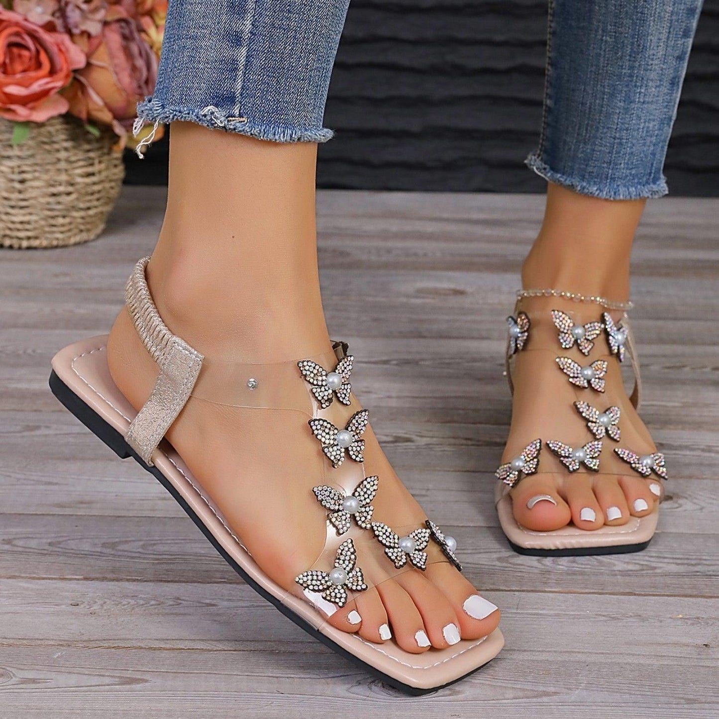 Rhinestone Butterfly Flat Sandals - Clothes For Her Online Store