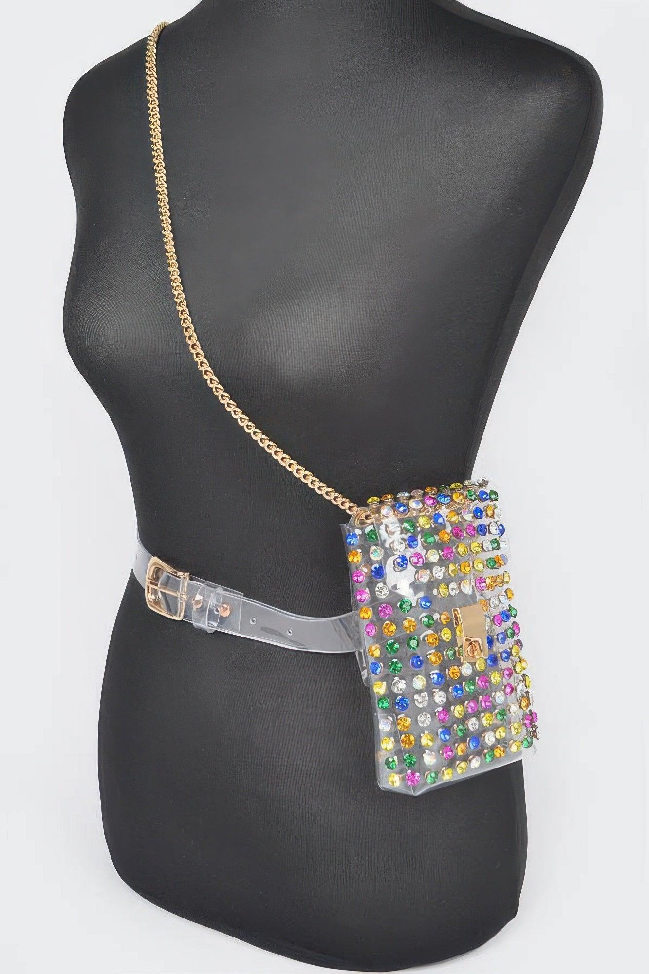 Rhinestone Clear Belt Bag W/chain - Clothes For Her Online Store