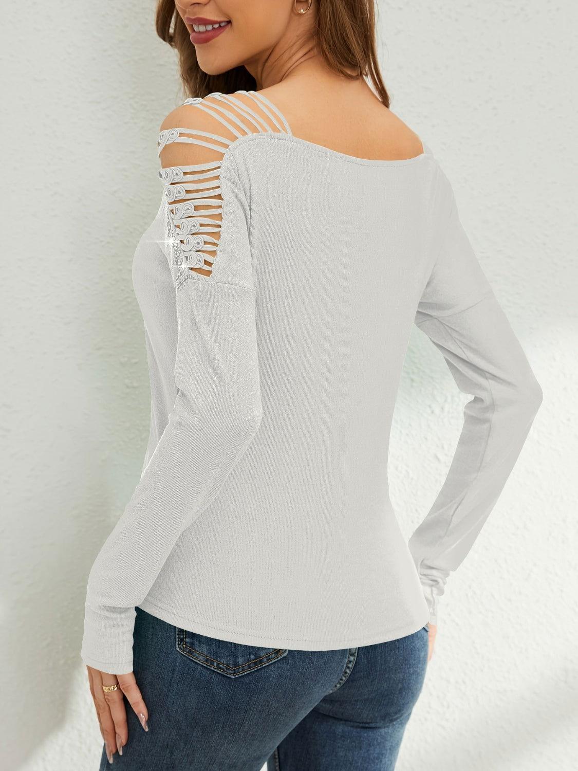 Rhinestone Cutout Long Sleeve T-Shirt - Clothes For Her Online Store