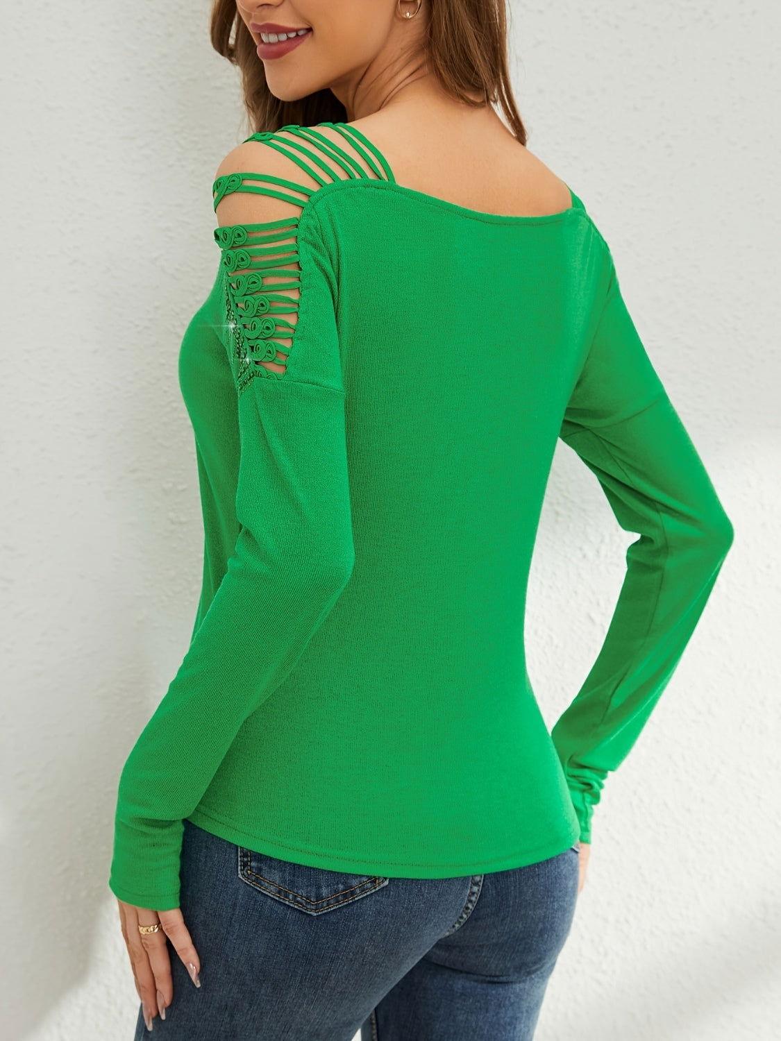 Rhinestone Cutout Long Sleeve T-Shirt - Clothes For Her Online Store