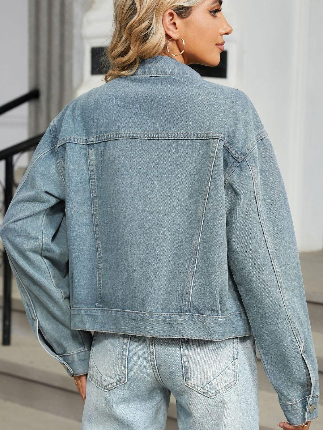 Rhinestone & Peal Trim Button Down Long Sleeve Denim Jacket - Clothes For Her Online Store