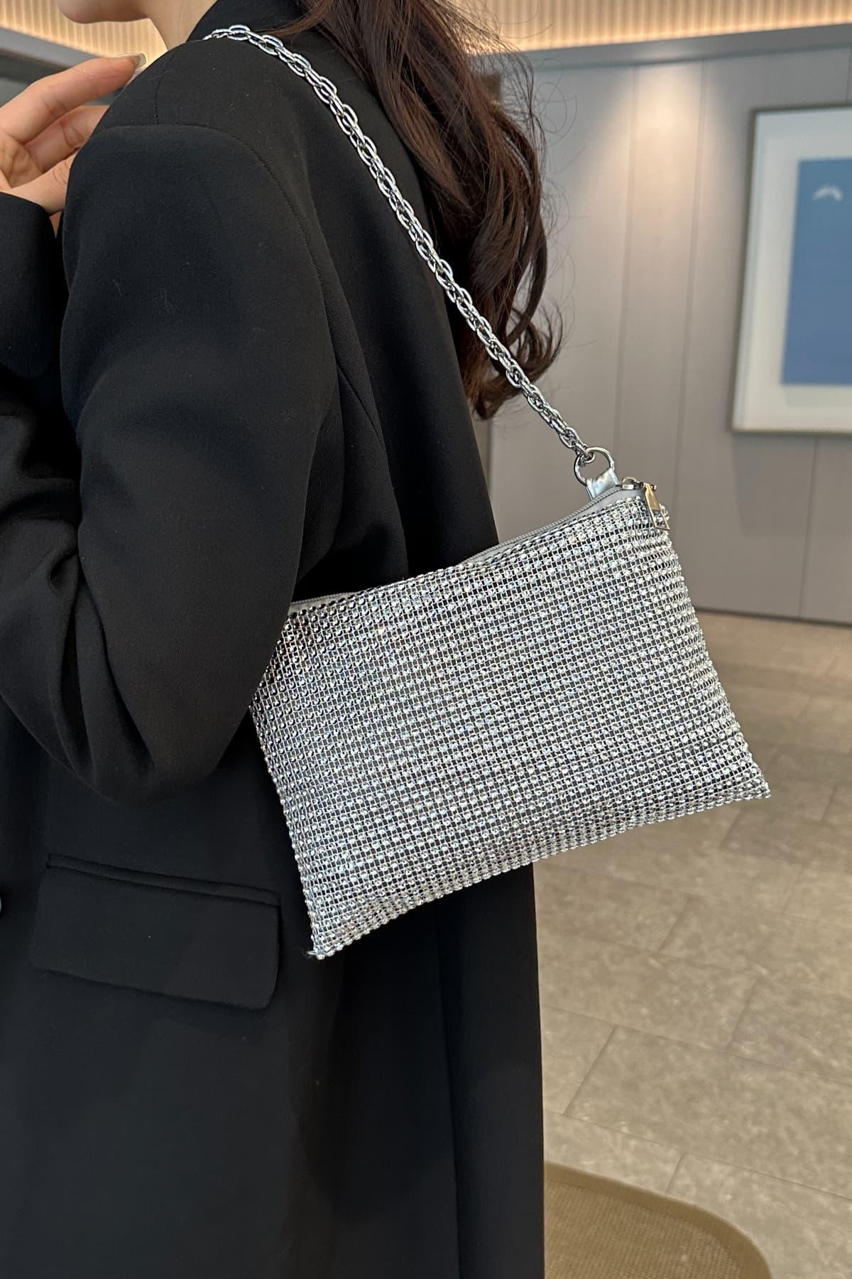 Rhinestone Polyester Chain Crossbody Bag - Clothes For Her Online Store