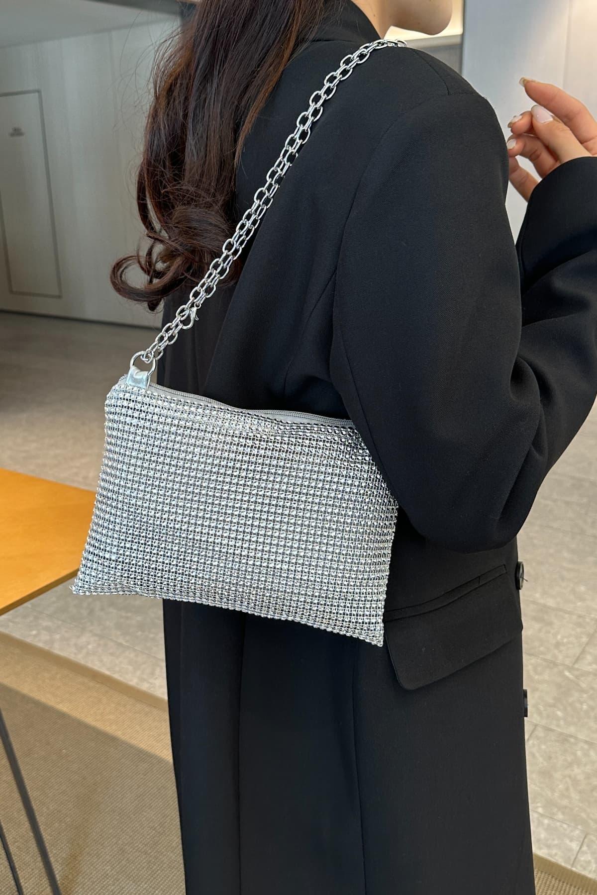 Rhinestone Polyester Chain Crossbody Bag - Clothes For Her Online Store