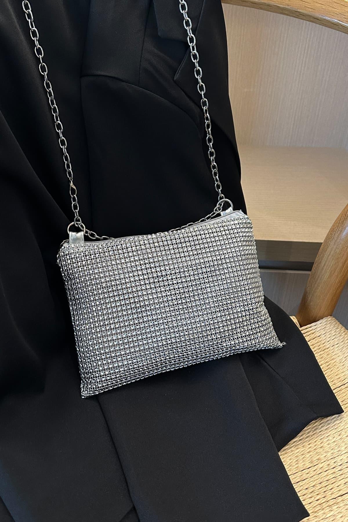 Rhinestone Polyester Chain Crossbody Bag - Clothes For Her Online Store