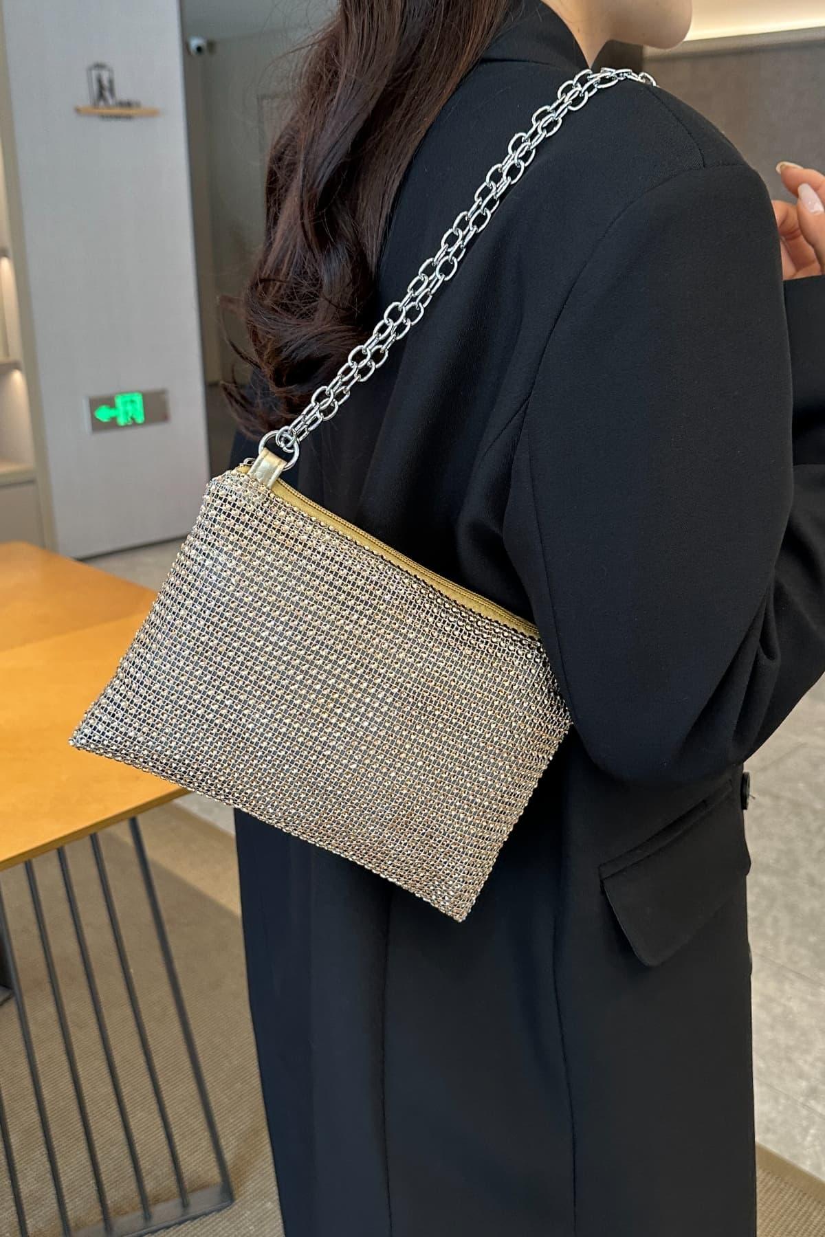 Rhinestone Polyester Chain Crossbody Bag - Clothes For Her Online Store