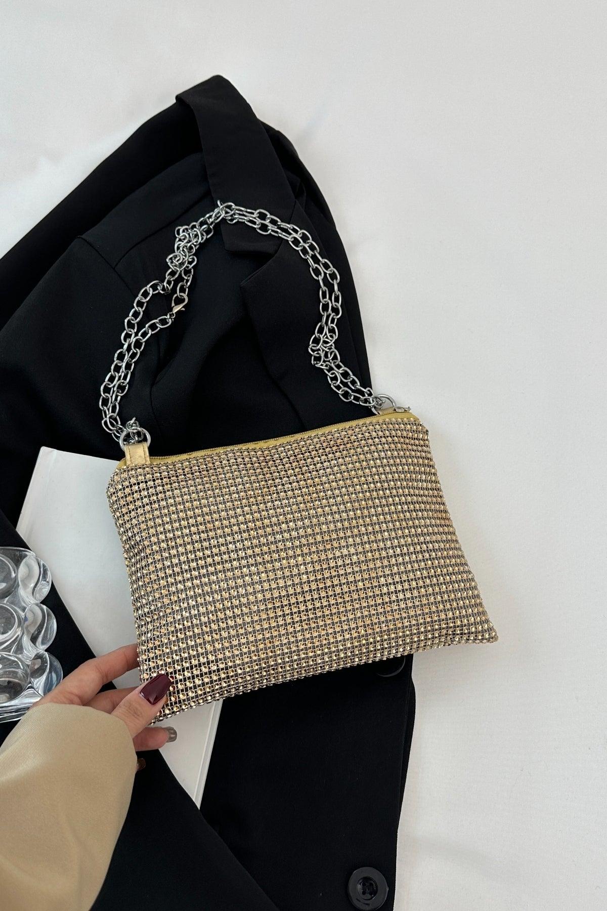 Rhinestone Polyester Chain Crossbody Bag - Clothes For Her Online Store