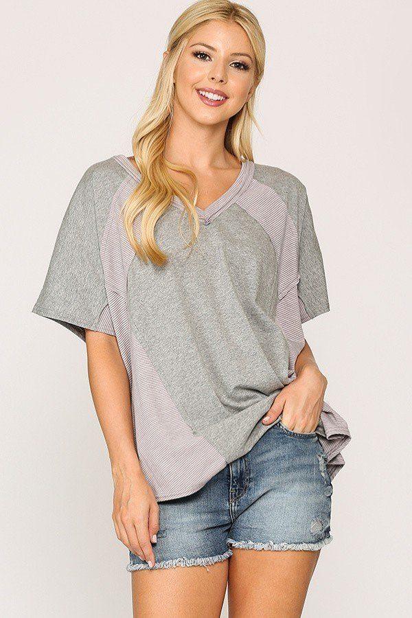 Rib Knit Mixed Dolman Sleeve Top With Round Hem - Clothes For Her Online Store