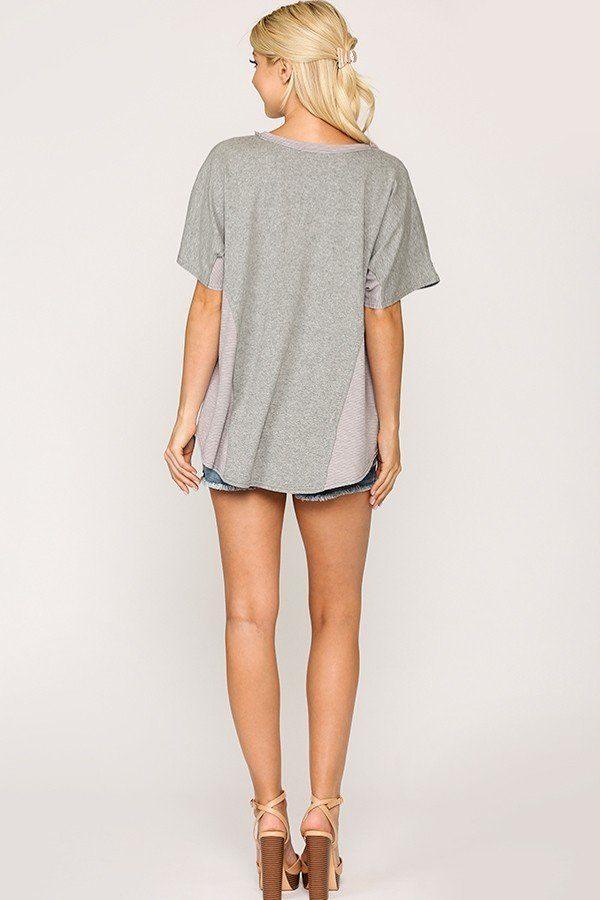 Rib Knit Mixed Dolman Sleeve Top With Round Hem - Clothes For Her Online Store