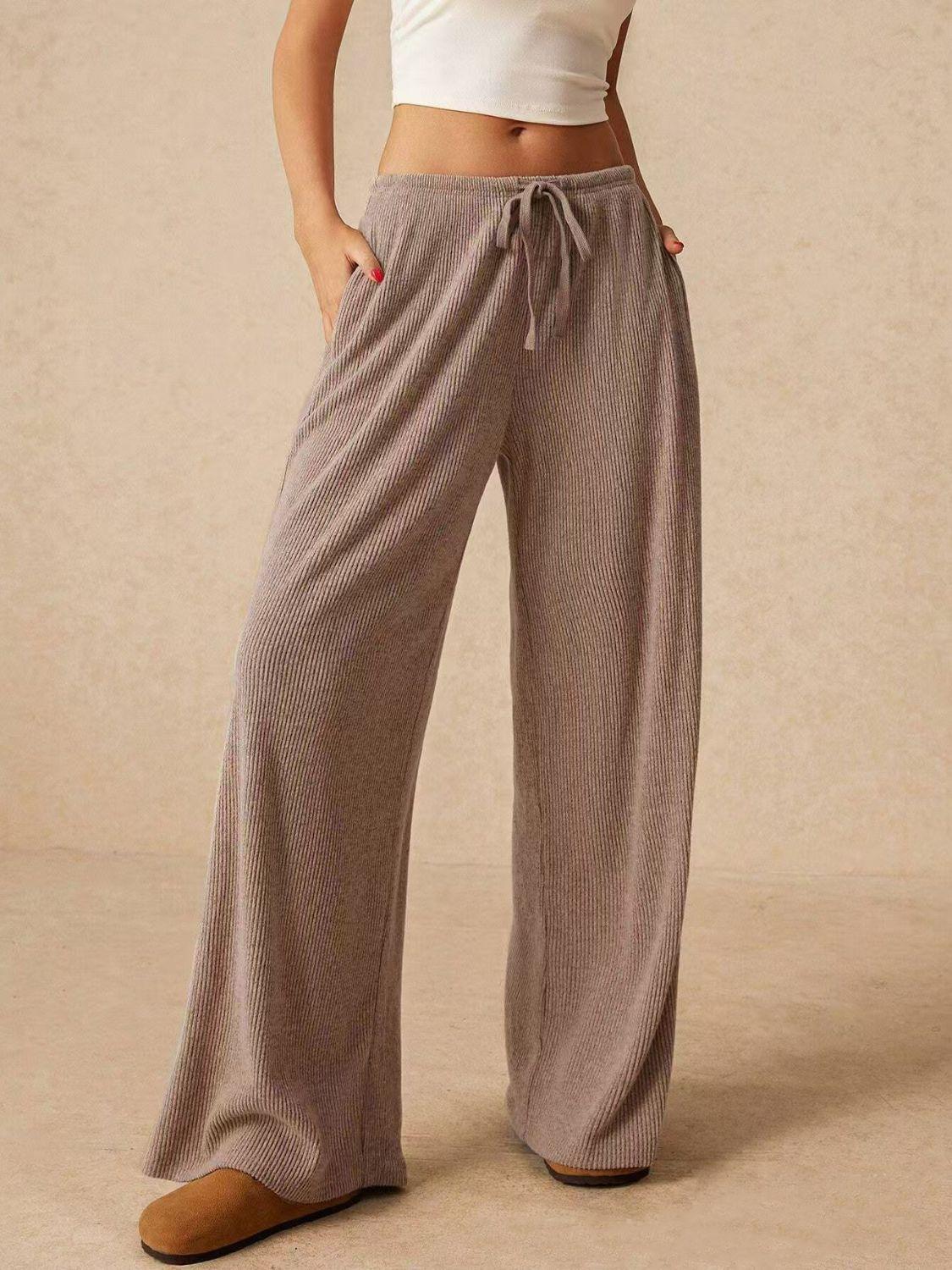 Ribbed Drawstring Wide Leg Pants - Clothes For Her Online Store