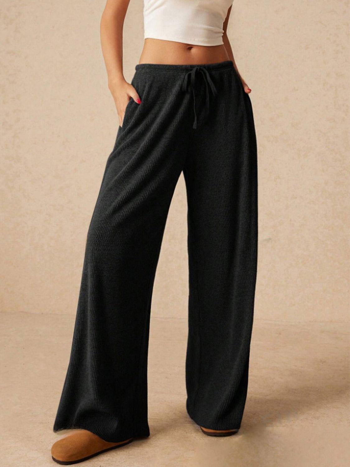 Ribbed Drawstring Wide Leg Pants - Clothes For Her Online Store
