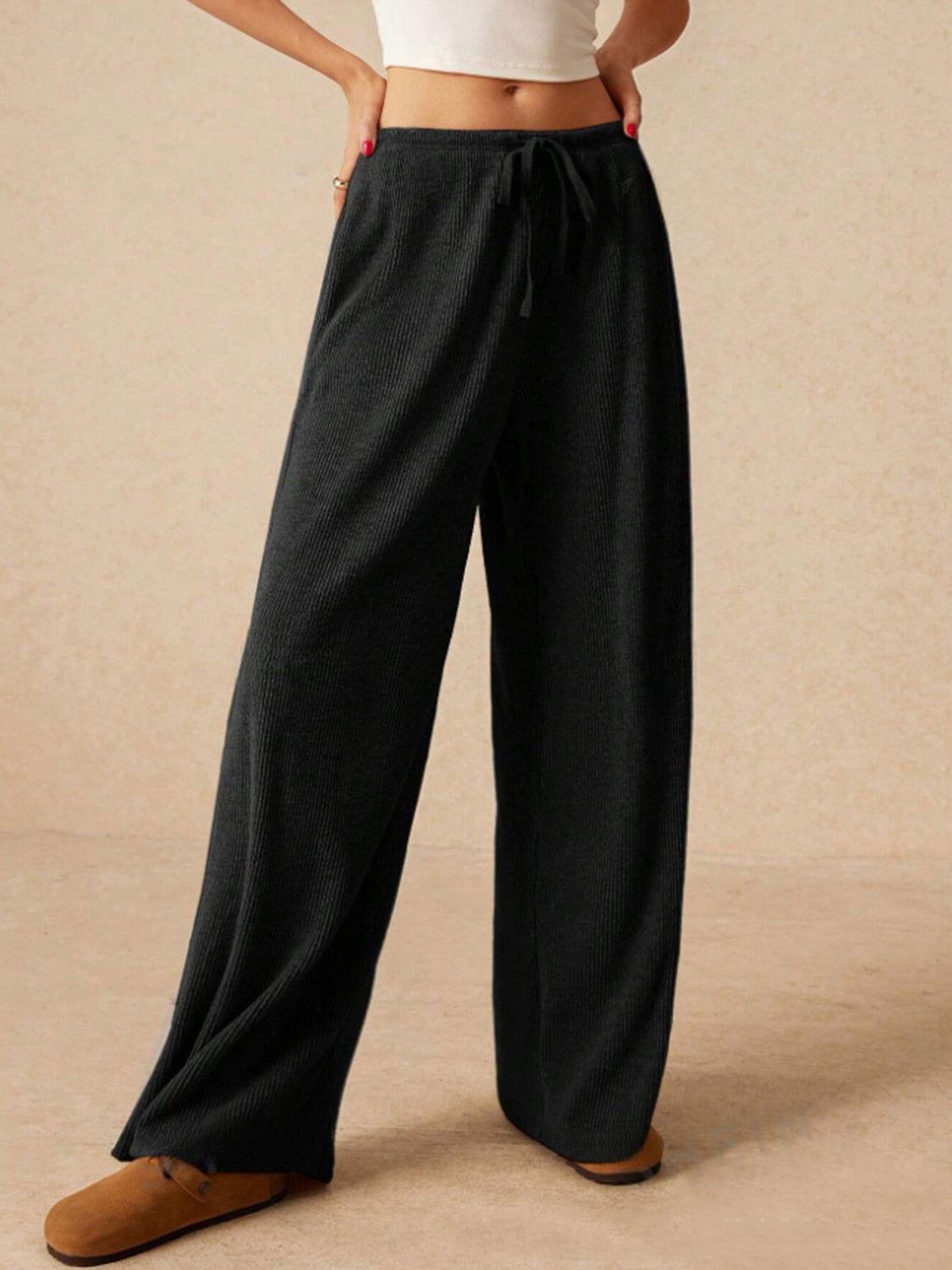 Ribbed Drawstring Wide Leg Pants - Clothes For Her Online Store