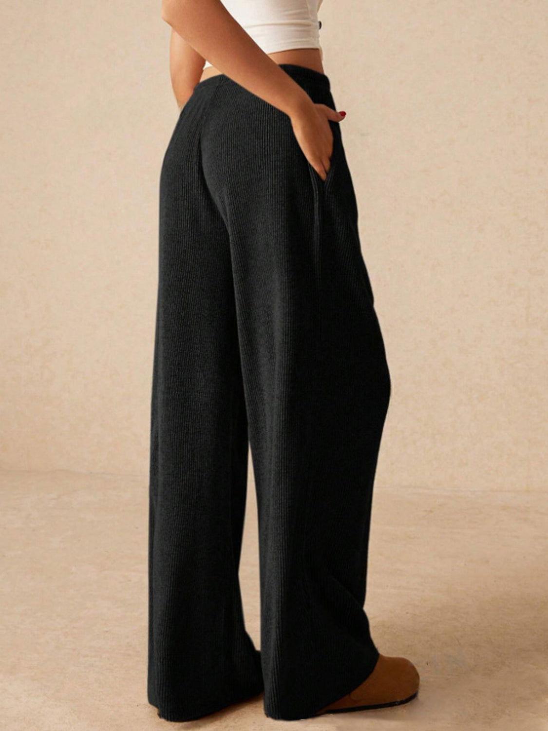Ribbed Drawstring Wide Leg Pants - Clothes For Her Online Store