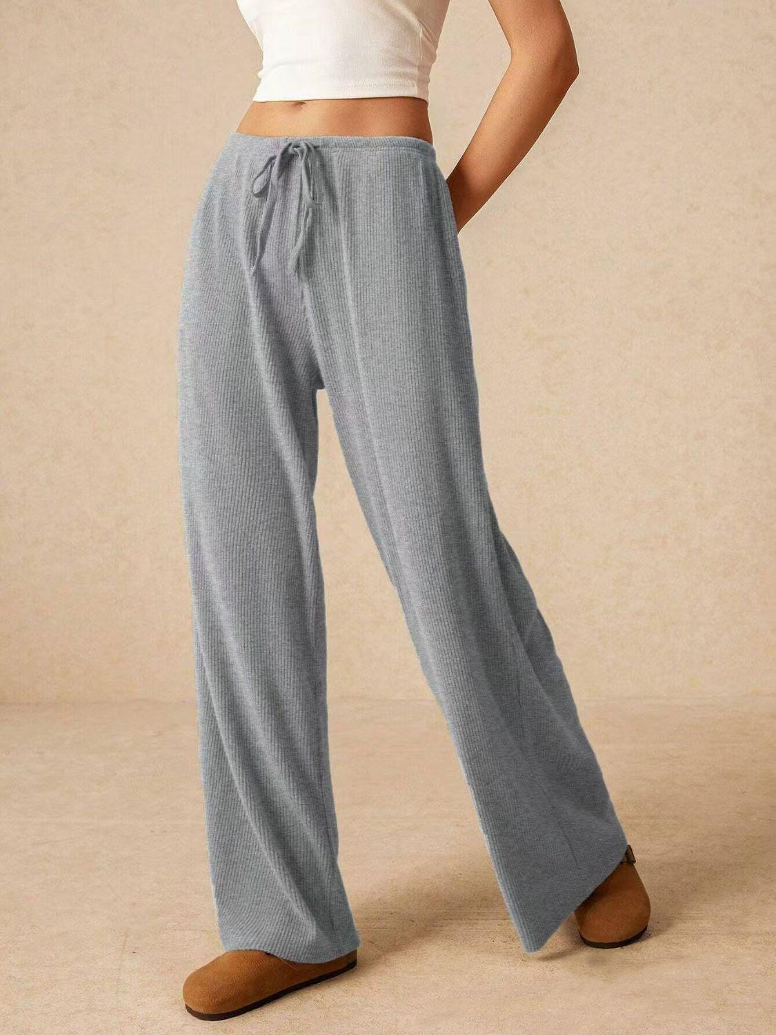 Ribbed Drawstring Wide Leg Pants - Clothes For Her Online Store