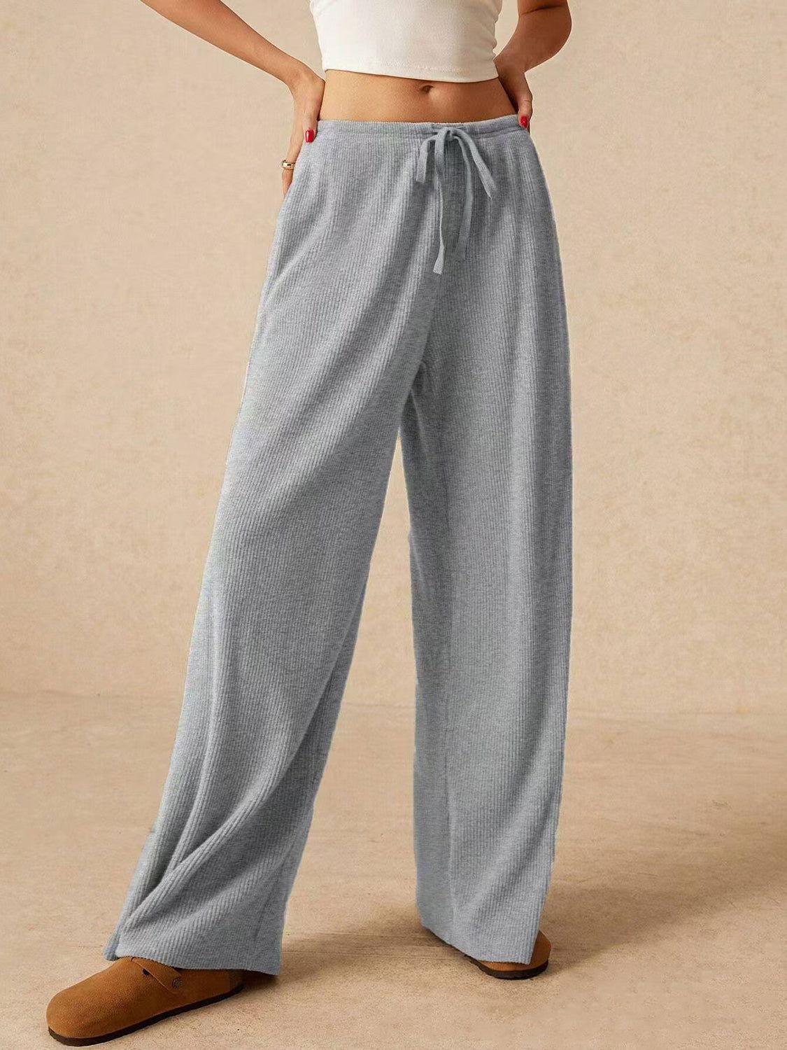 Ribbed Drawstring Wide Leg Pants - Clothes For Her Online Store