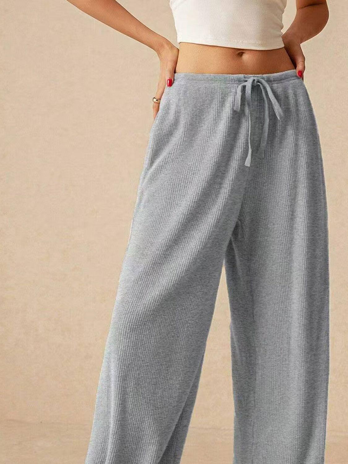 Ribbed Drawstring Wide Leg Pants - Clothes For Her Online Store