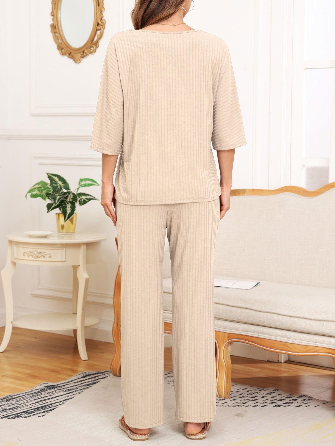 Ribbed Half Sleeve Top and Pocketed Pants Set - Clothes For Her Online Store