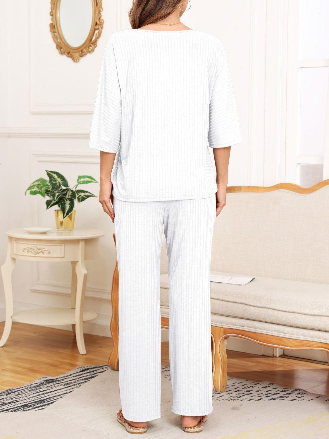 Ribbed Half Sleeve Top and Pocketed Pants Set - Clothes For Her Online Store