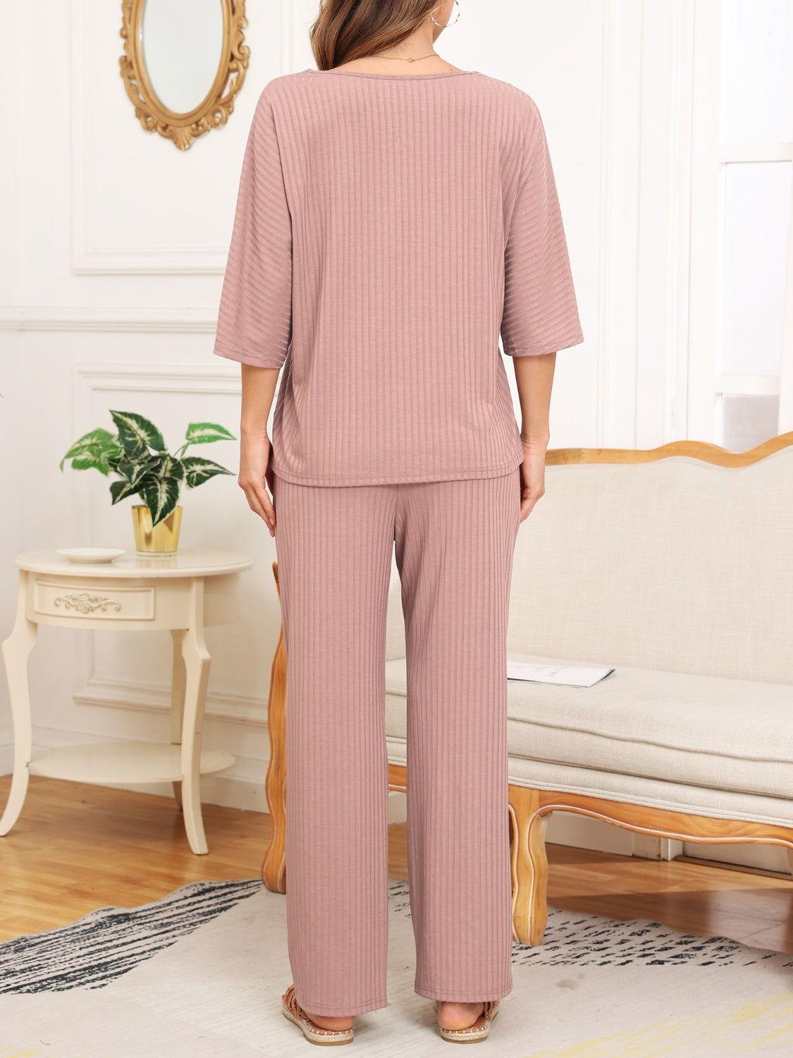 Ribbed Half Sleeve Top and Pocketed Pants Set - Clothes For Her Online Store