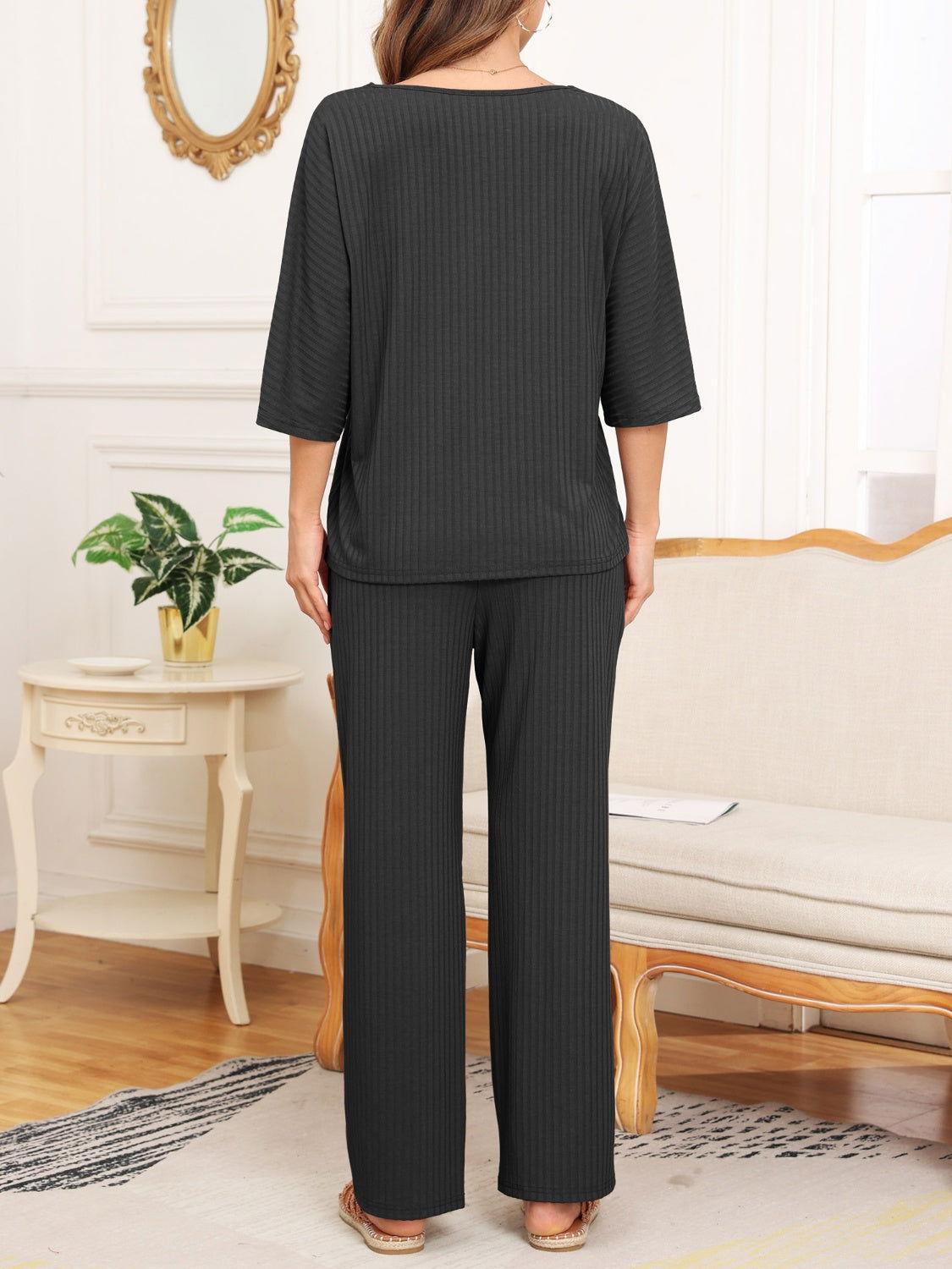 Ribbed Half Sleeve Top and Pocketed Pants Set - Clothes For Her Online Store