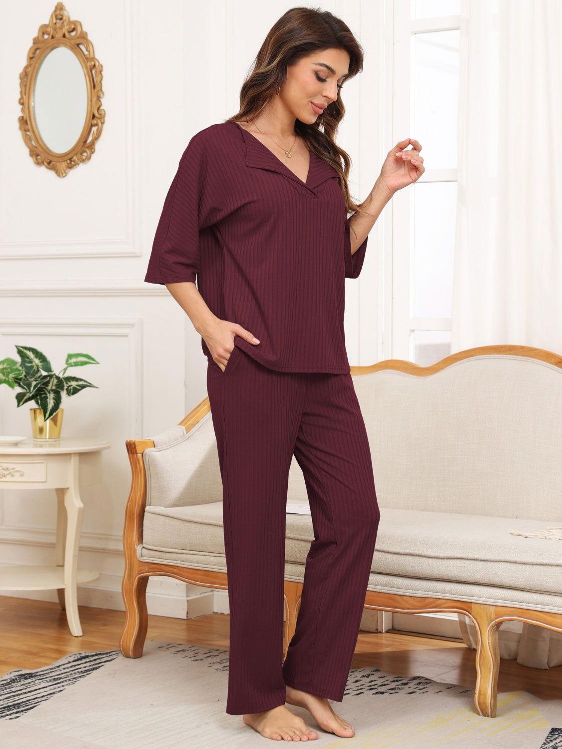 Ribbed Half Sleeve Top and Pocketed Pants Set - Clothes For Her Online Store