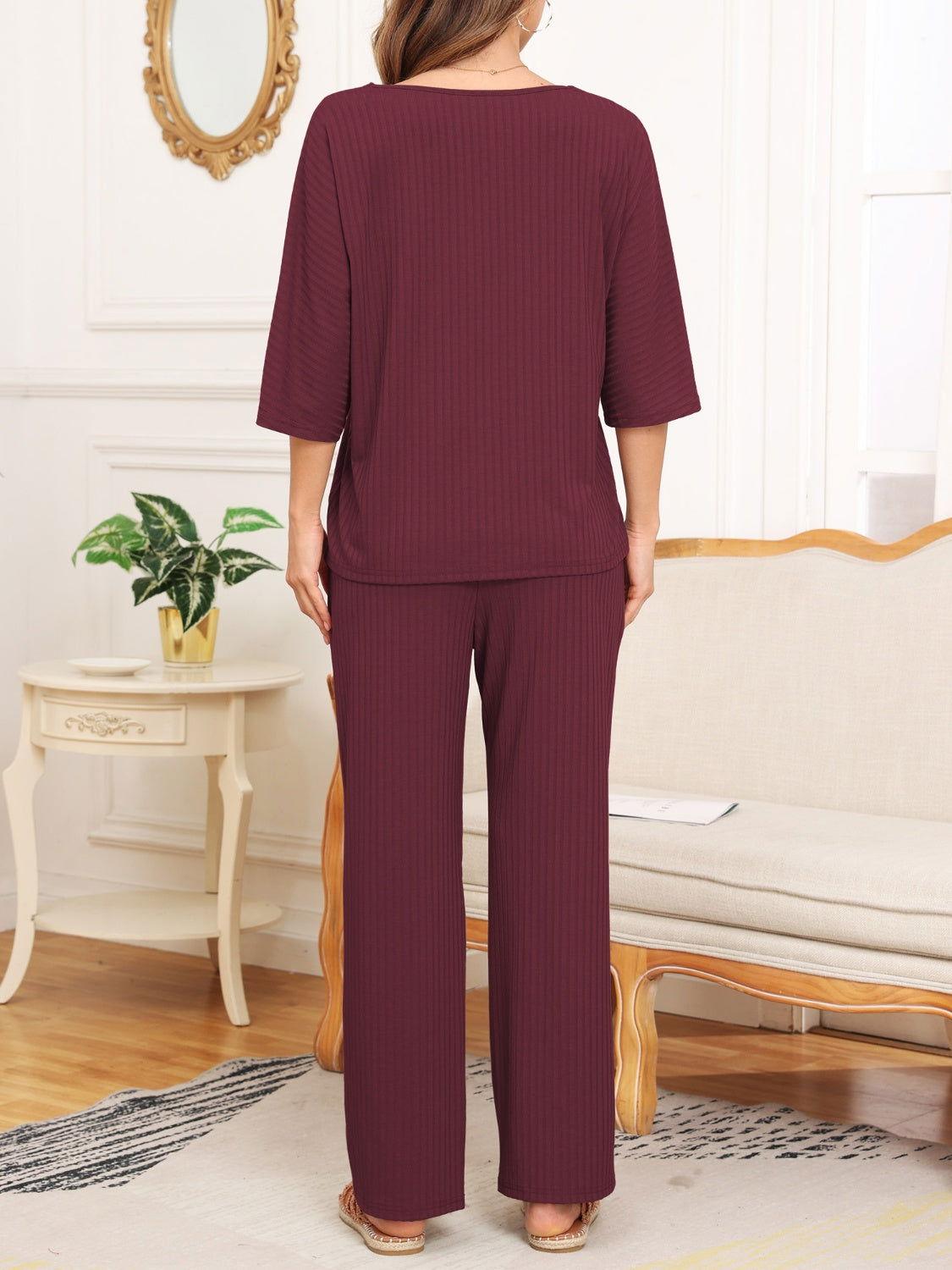Ribbed Half Sleeve Top and Pocketed Pants Set - Clothes For Her Online Store