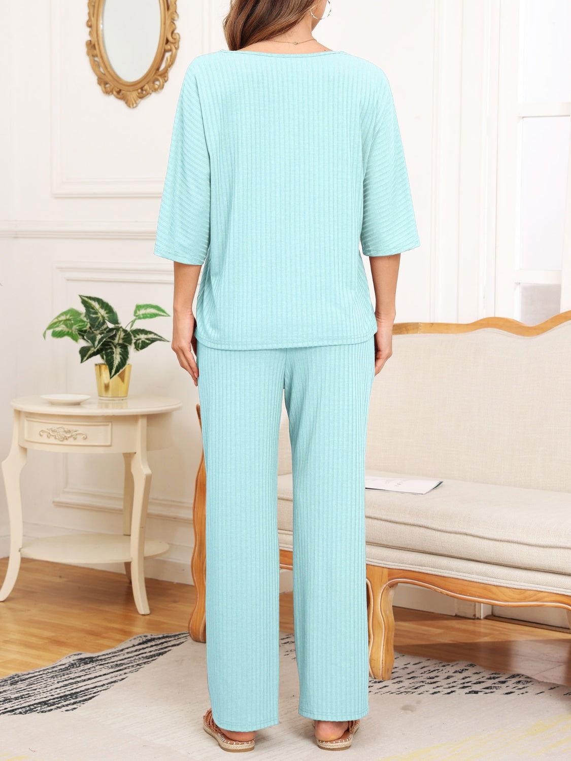 Ribbed Half Sleeve Top and Pocketed Pants Set - Clothes For Her Online Store