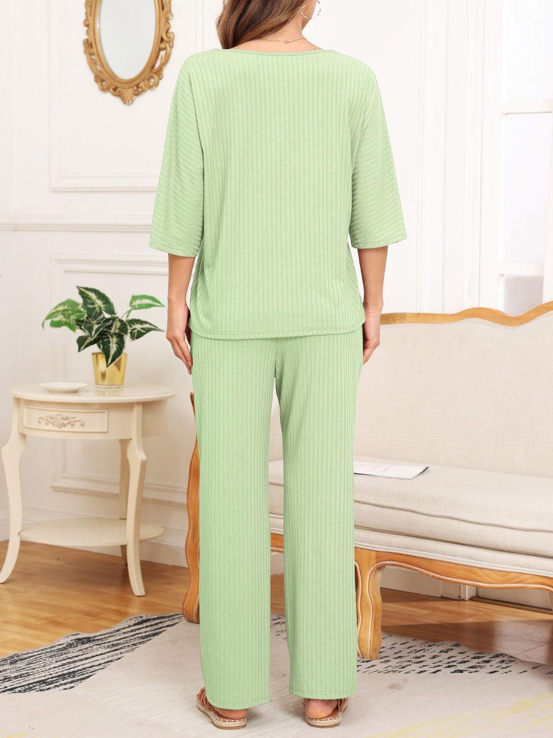 Ribbed Half Sleeve Top and Pocketed Pants Set - Clothes For Her Online Store