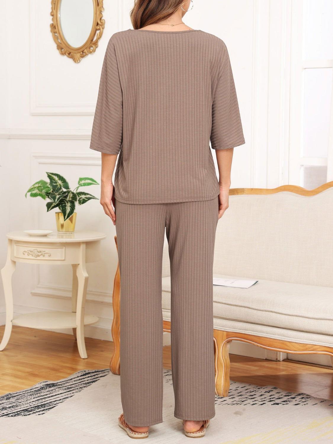 Ribbed Half Sleeve Top and Pocketed Pants Set - Clothes For Her Online Store