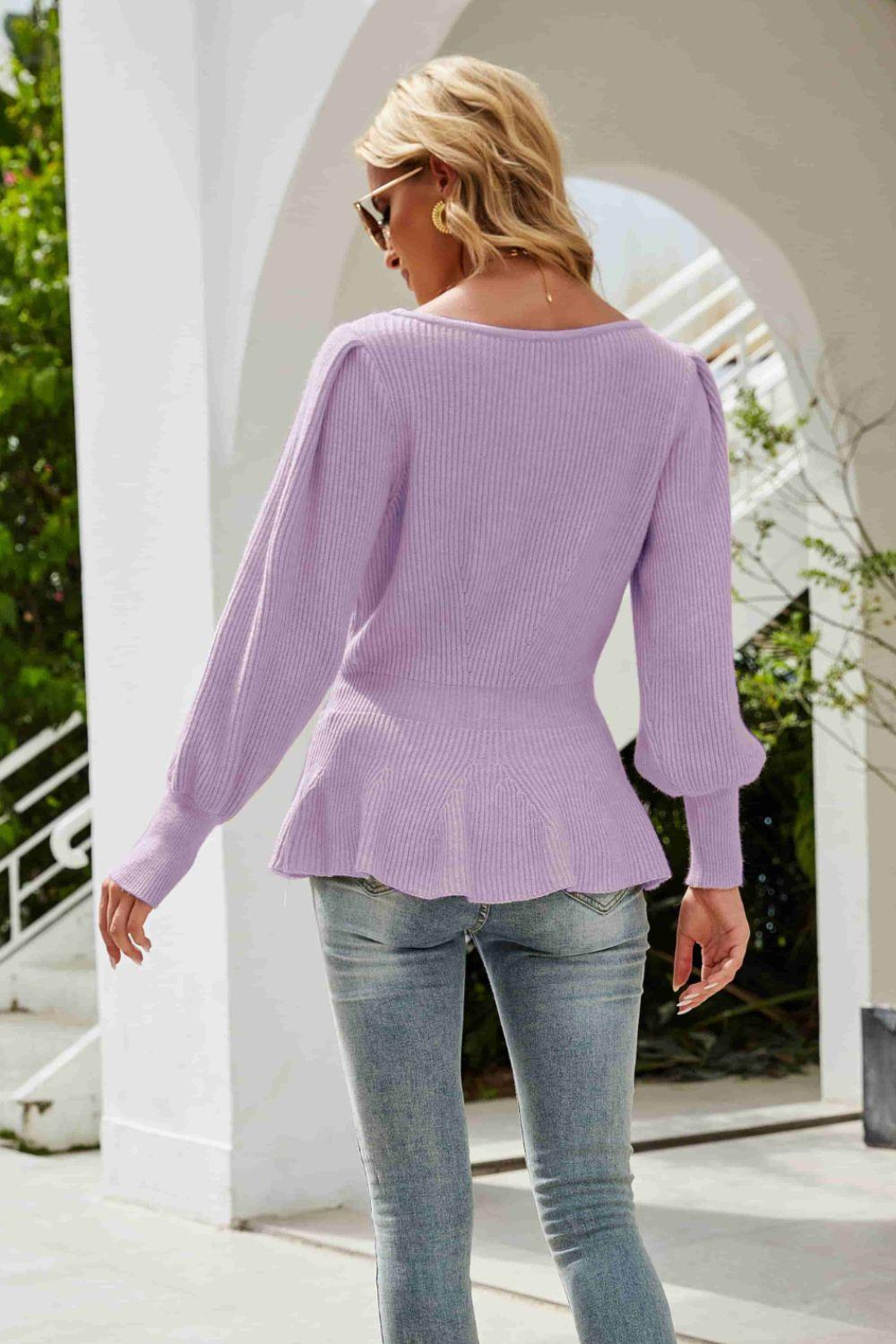 Ribbed Round Neck Lantern Sleeve Sweater - Clothes For Her Online Store