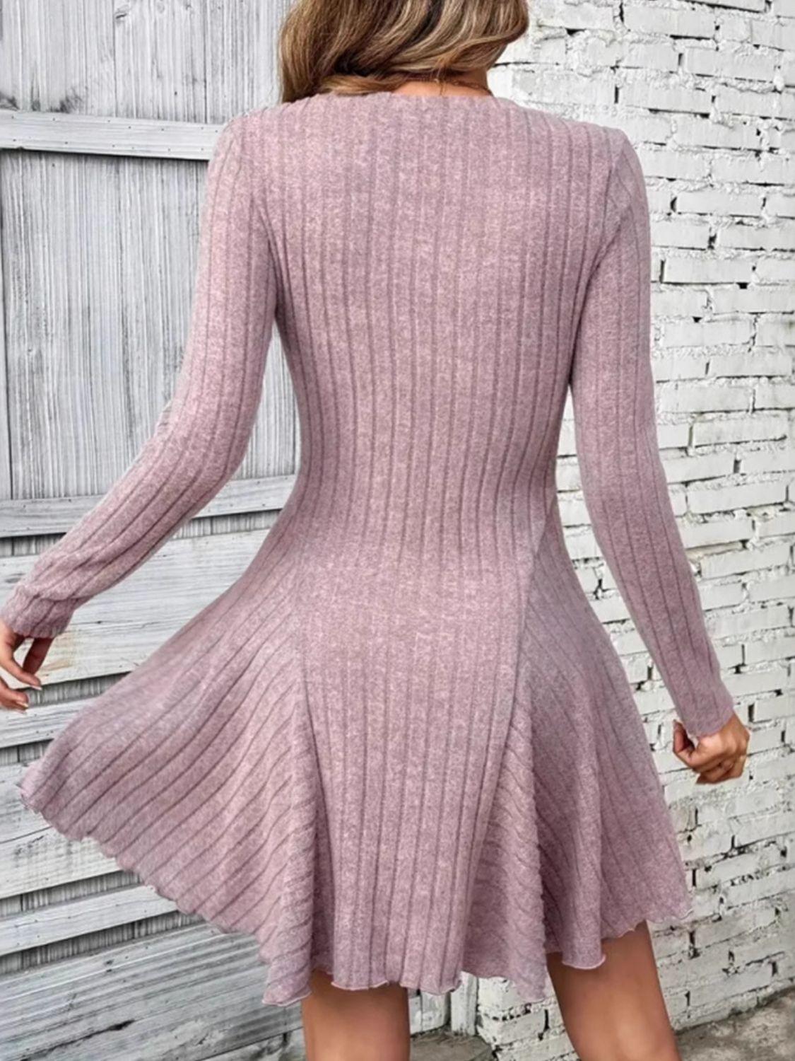 Ribbed Round Neck Long Sleeve Mini Dress - Clothes For Her Online Store