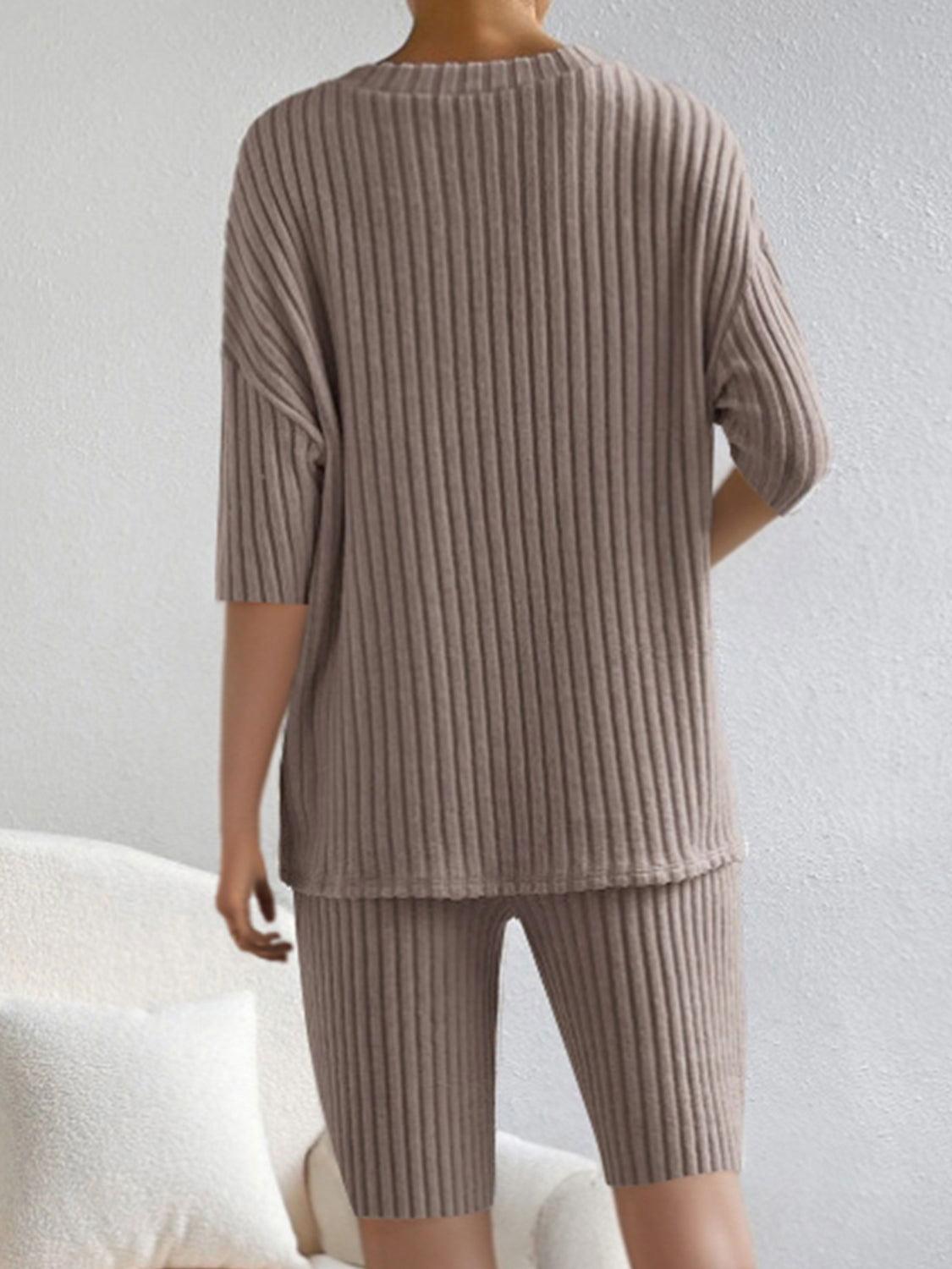 Ribbed V-Neck Top and Shorts Set - Clothes For Her Online Store