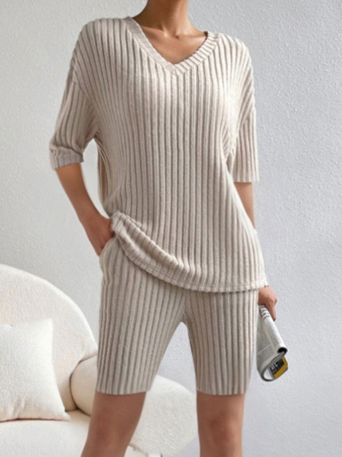 Ribbed V-Neck Top and Shorts Set - Clothes For Her Online Store