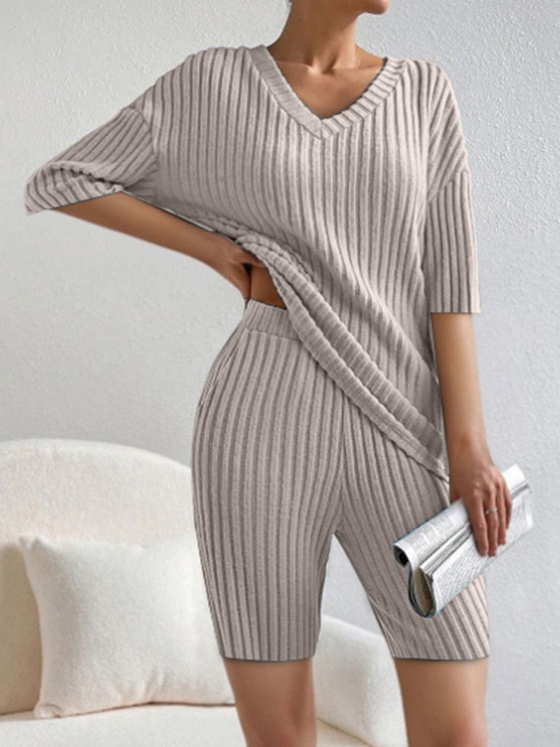 Ribbed V-Neck Top and Shorts Set - Clothes For Her Online Store