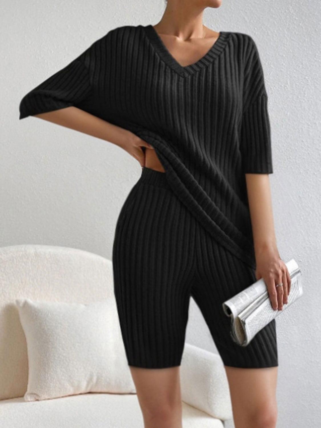 Ribbed V-Neck Top and Shorts Set - Clothes For Her Online Store