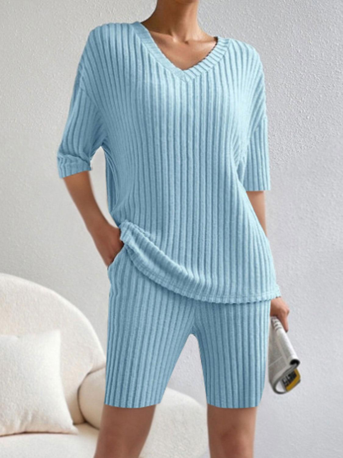 Ribbed V-Neck Top and Shorts Set - Clothes For Her Online Store
