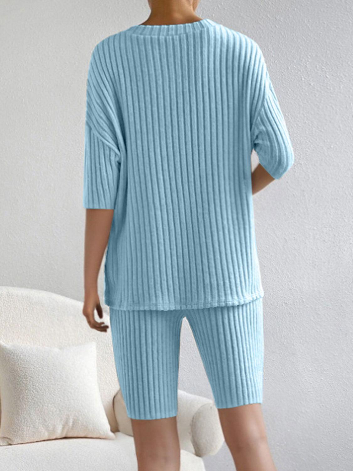 Ribbed V-Neck Top and Shorts Set - Clothes For Her Online Store