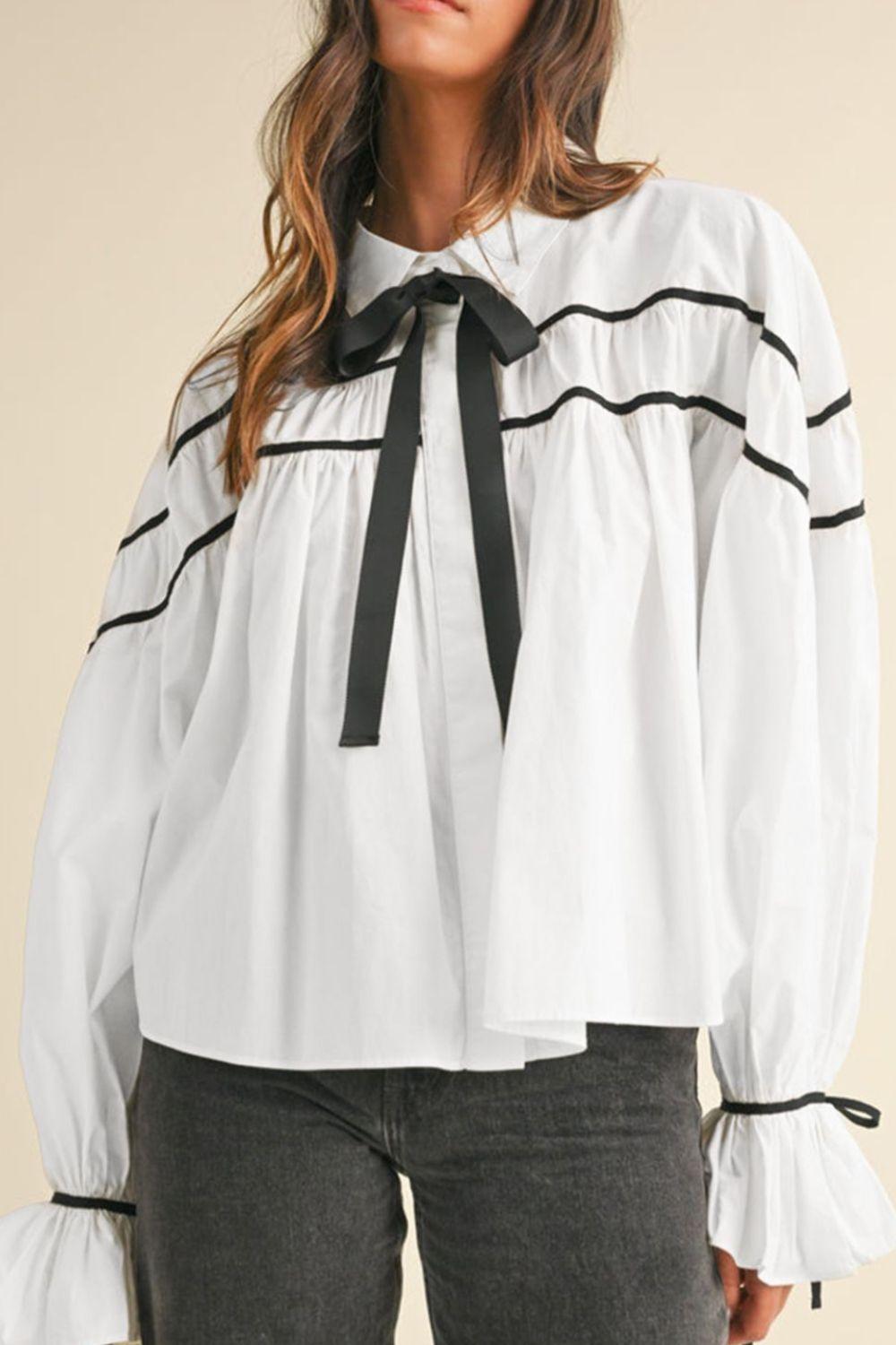 Ribbon Bowtie Collared Neck Flounce Sleeve Shirt - Clothes For Her Online Store