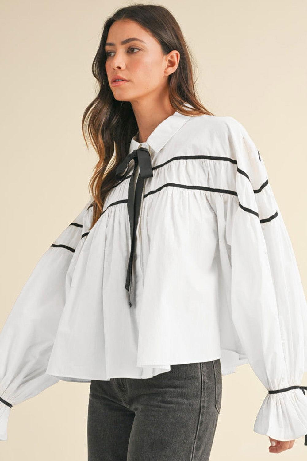 Ribbon Bowtie Collared Neck Flounce Sleeve Shirt - Clothes For Her Online Store