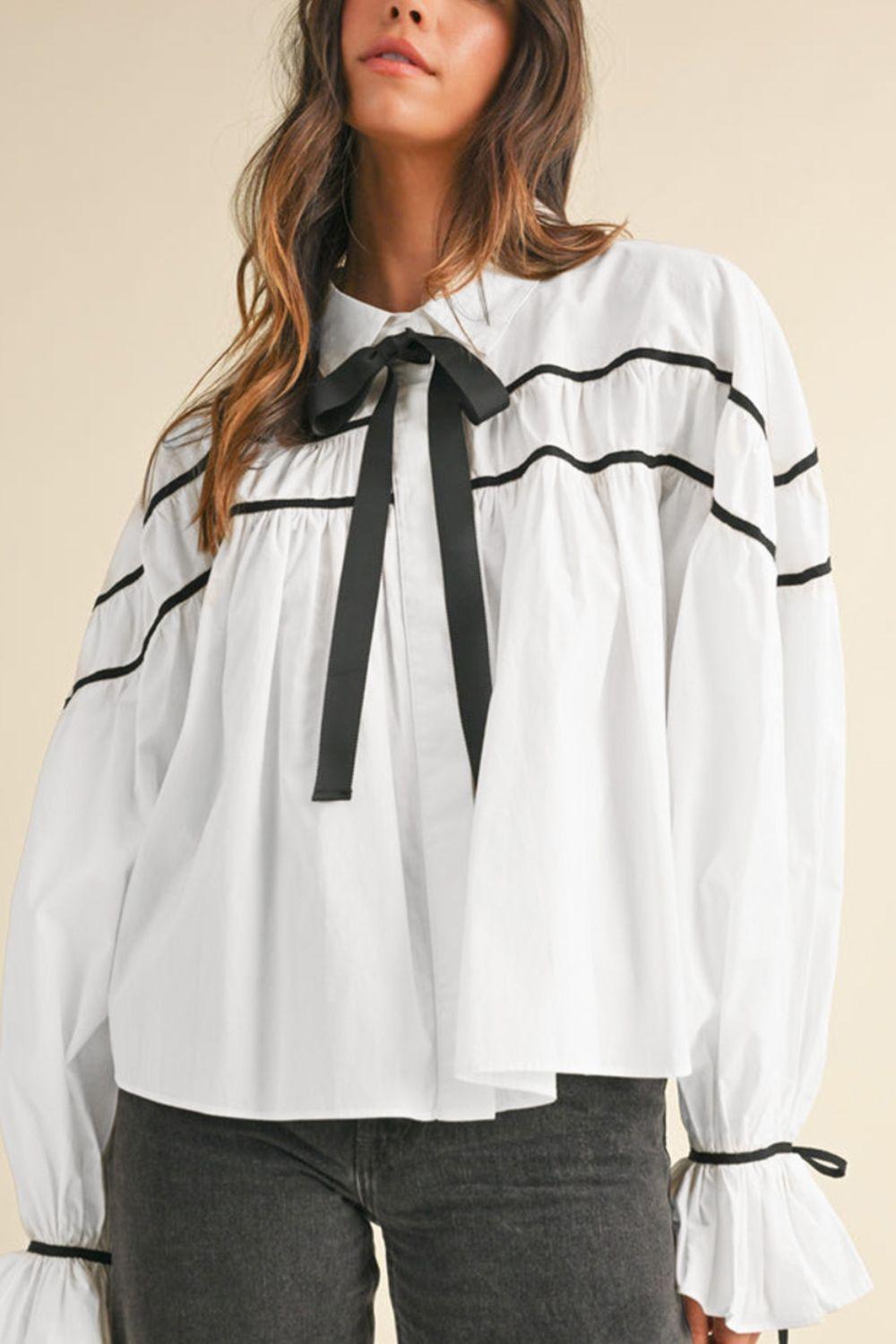 Ribbon Bowtie Collared Neck Flounce Sleeve Shirt - Clothes For Her Online Store