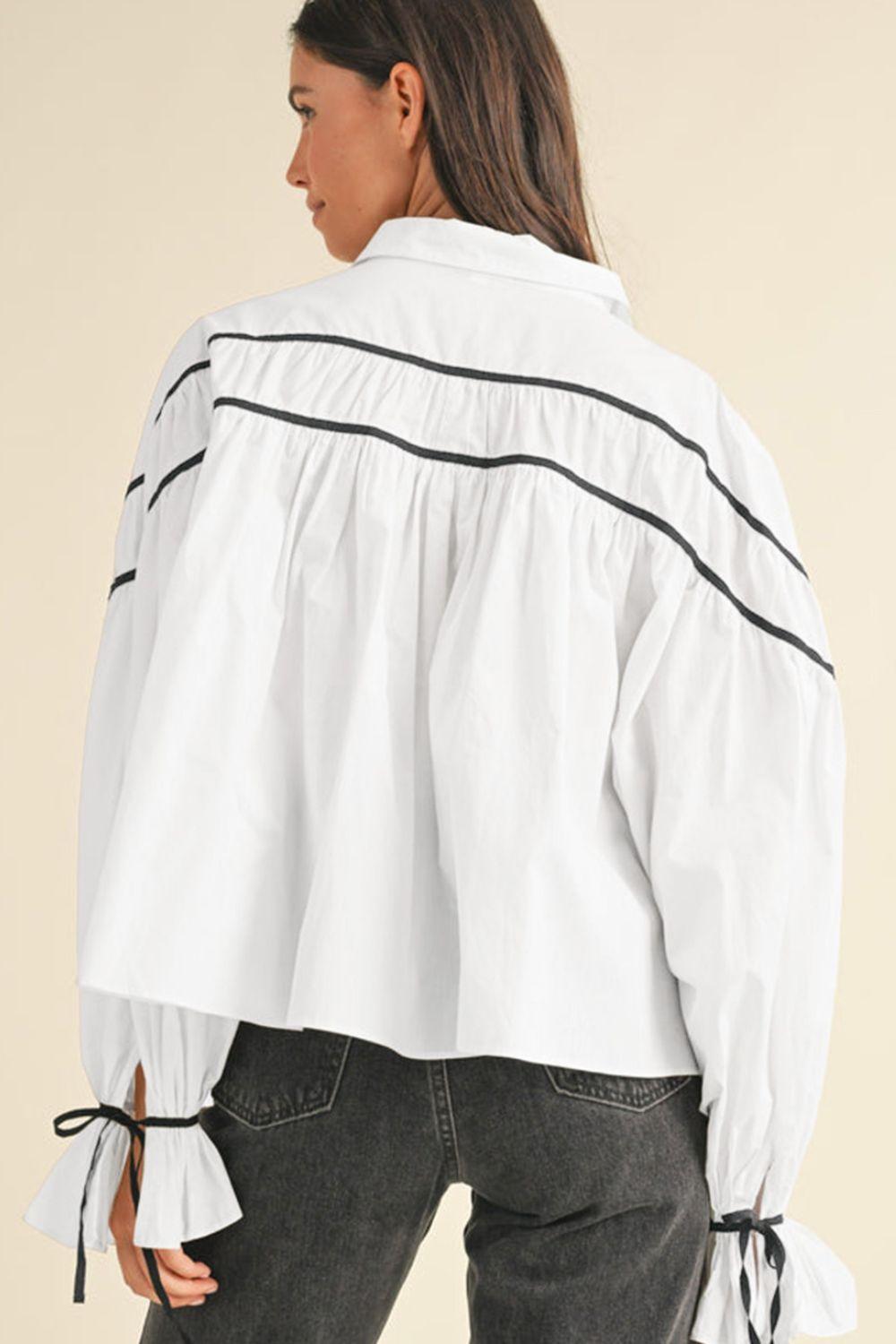 Ribbon Bowtie Collared Neck Flounce Sleeve Shirt - Clothes For Her Online Store