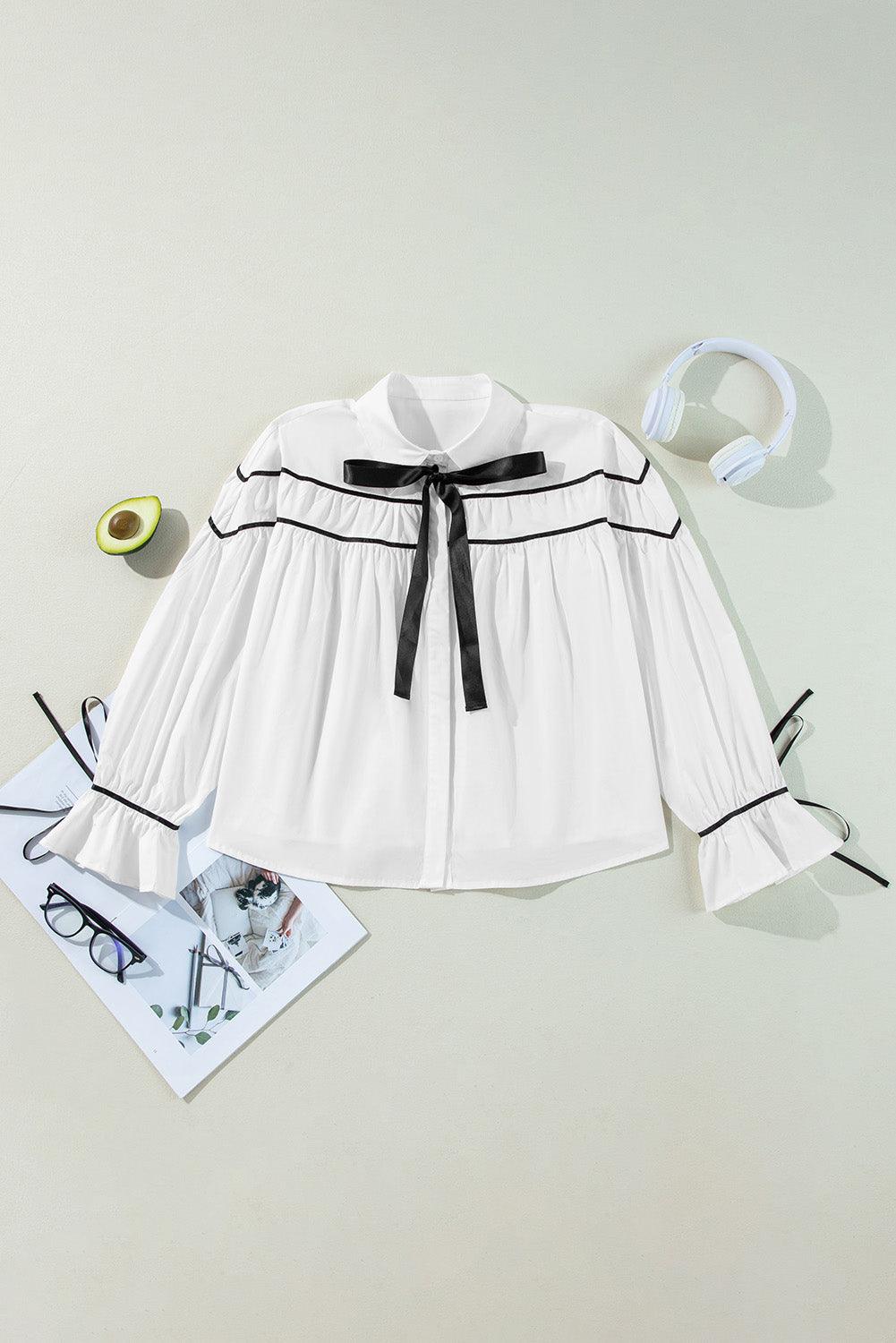 Ribbon Bowtie Collared Neck Flounce Sleeve Shirt - Clothes For Her Online Store