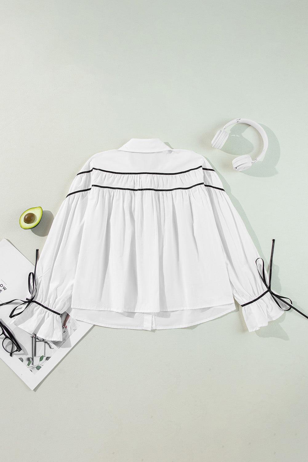 Ribbon Bowtie Collared Neck Flounce Sleeve Shirt - Clothes For Her Online Store